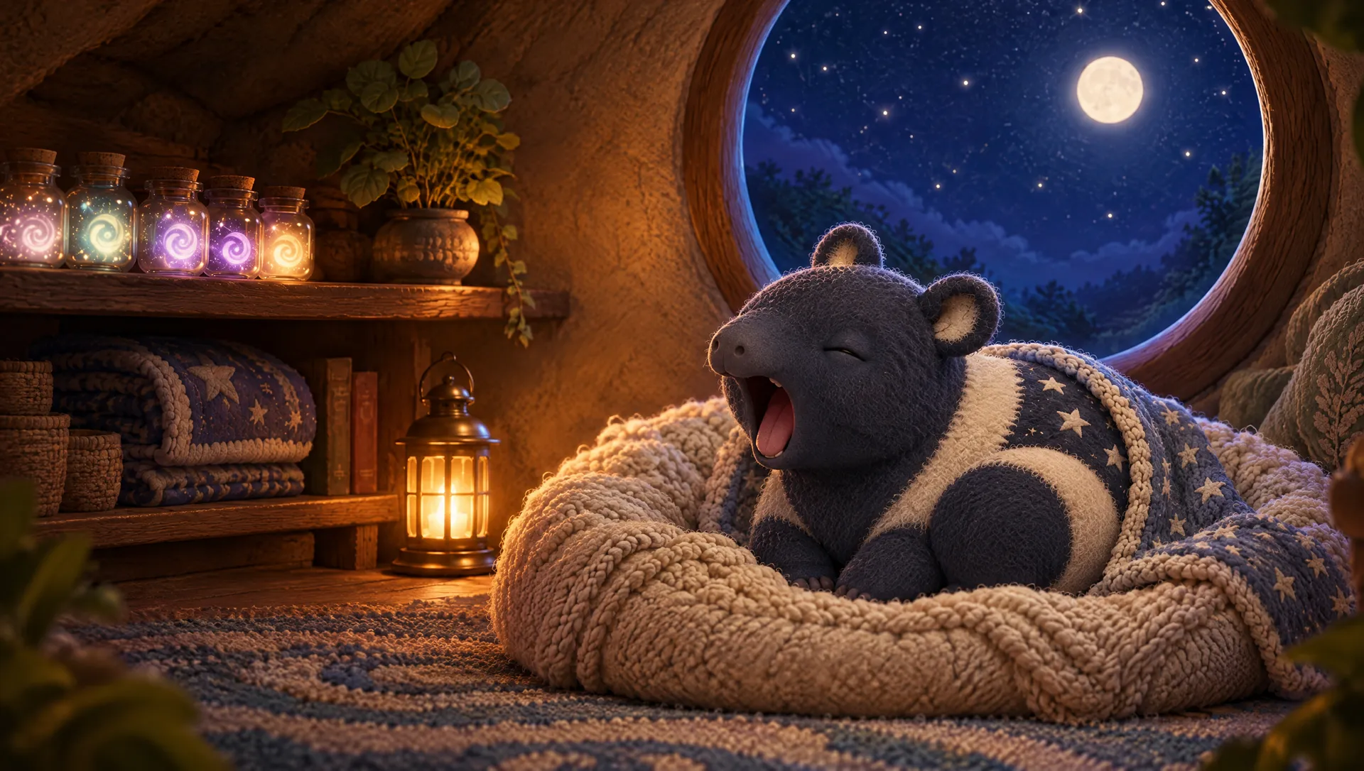 The tapir yawning in its nest at bedtime