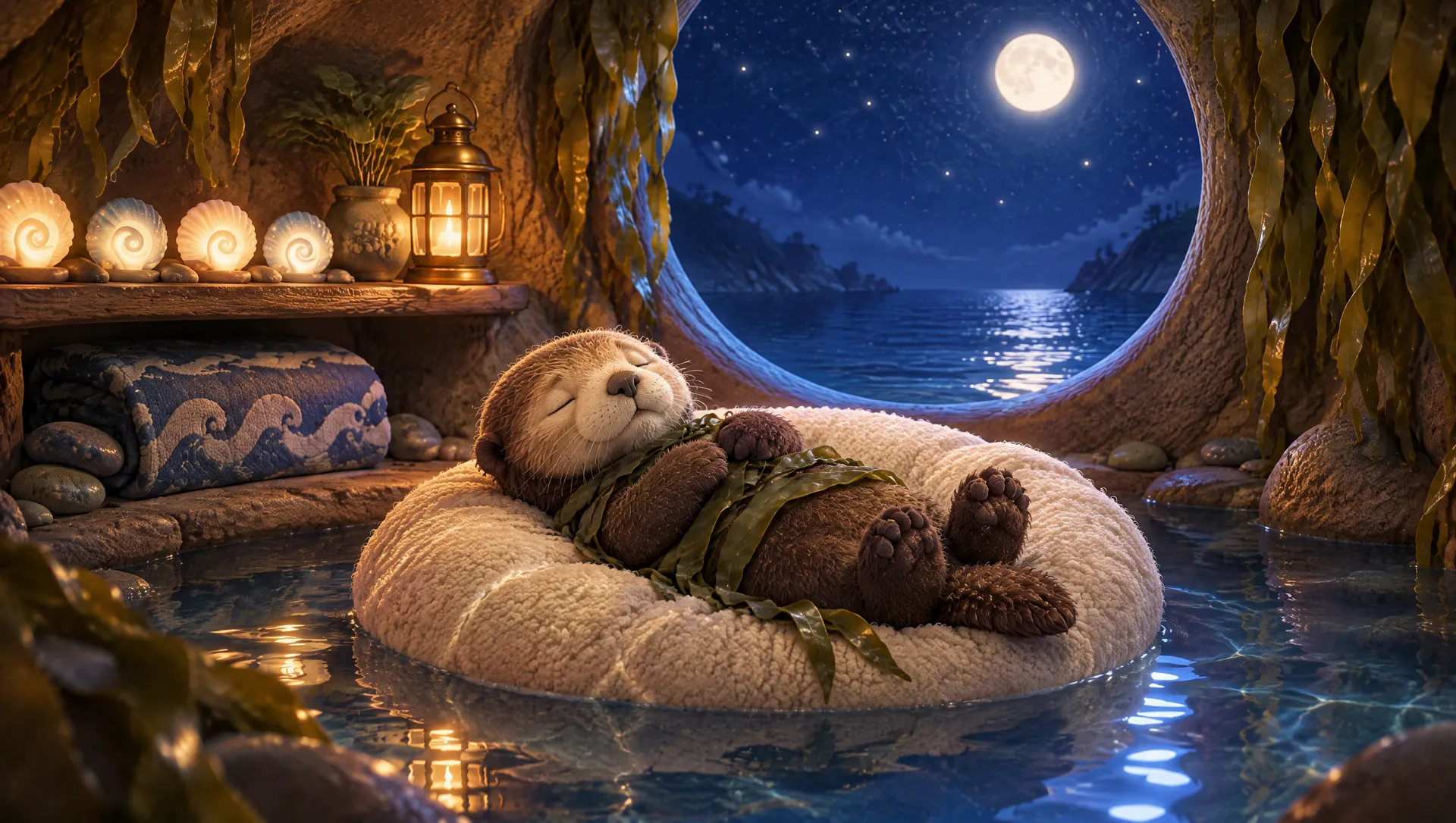 Sea otter asleep on a floating cushion
